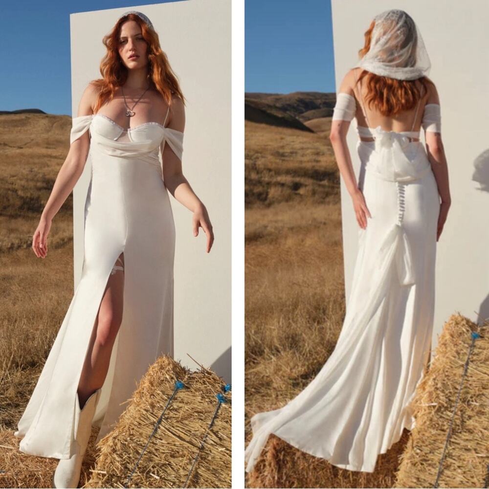 FOR LOVE & LEMONS Cora Cowl Neck Draped Off the Shoulder White Maxi Gown Size L
